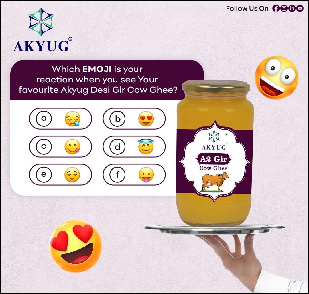 Organic A2 Gir Cow Ghee By Akyug | Tradition Bilona Method A2 Rich Desi Ghee Good For Calcium | (500ml) 16.9 Ounce | Jar Pack