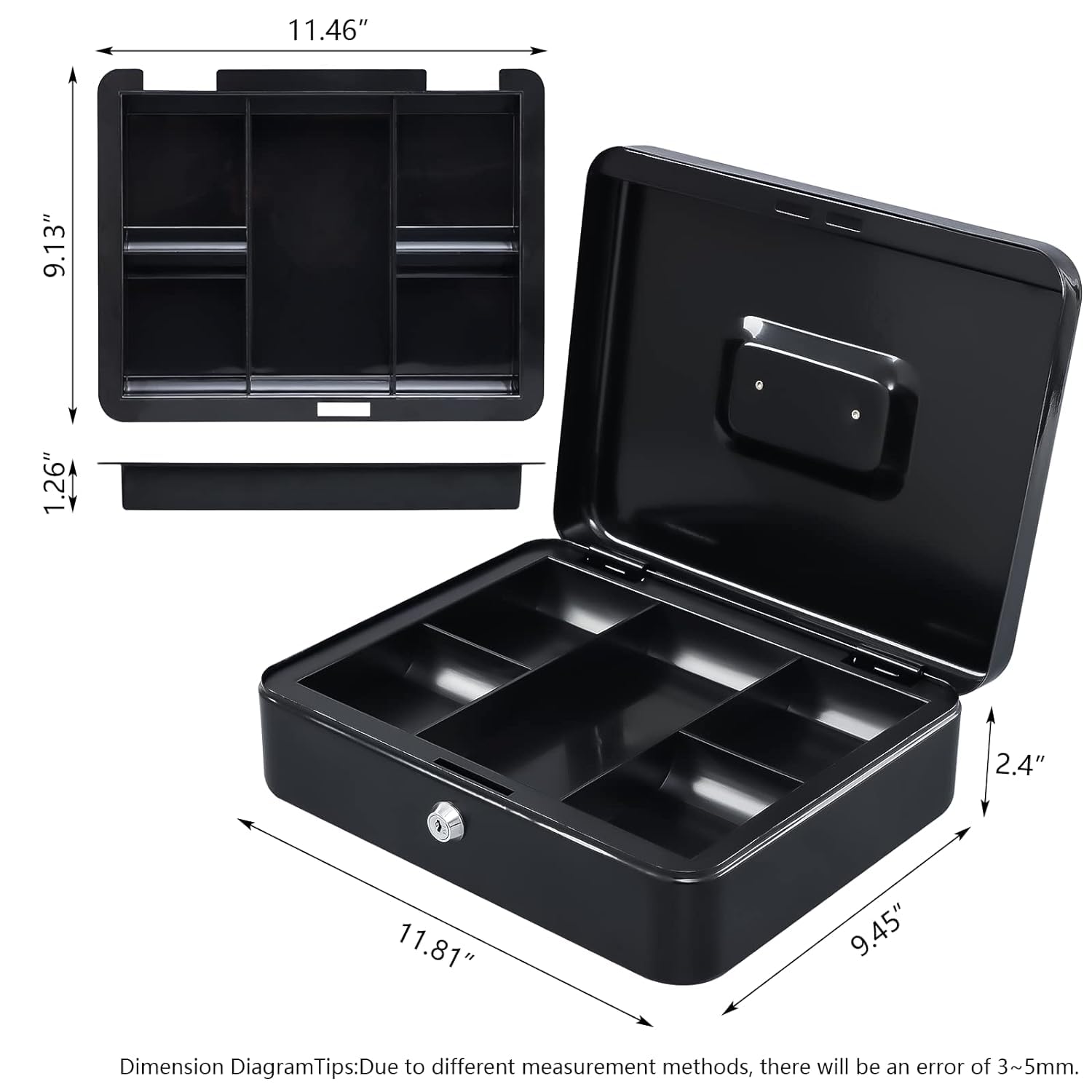 Cash Box With Key Lock With Coin Trey, Portable, 12" Inch Petty Cash Box, Money Safe Box, Colour - Black, Material - Alloy Steel
