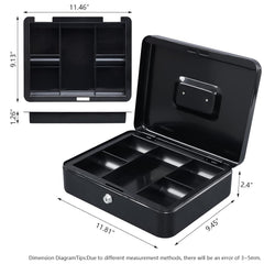 Large 12 Inch Cash Box With Note & Coin Compartments, Cash Box With Lock & Key, Money Tray Perfect Secure Storage, Colour - Black