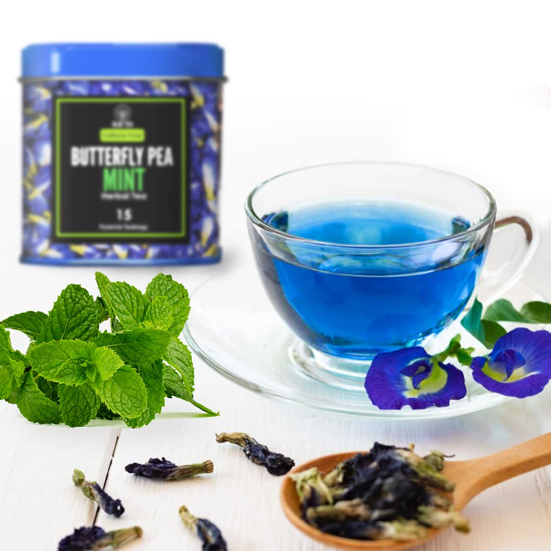 Blue Tea Butterfly Pea Flower Mint Herbal Tea - 30 Pyramid Tea Bags | Supports Overall Health & Well Being - Caffeine Free, Non-GMO, Antioxidant-Rich