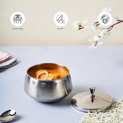 Stainless Steel Double-Walled Serving Bowl With Lid - Zenith Series | Floral Pattern Serving Pot - Small Dining Table Bowl | Curry, Rice, Sabzi Serving Bowl - Serve Ware, Dinnerware & Tableware