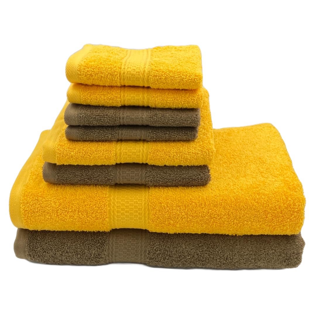 Patpug 100% Indian Cotton Plush Towel Set 2000 Gsm | Highly Absorbent, Fade Resistant, Quick Drying 2 Bath, 2 Hand & 4 Face Towel (Sepia Brown & Sunrise Yellow) - 8 Piece