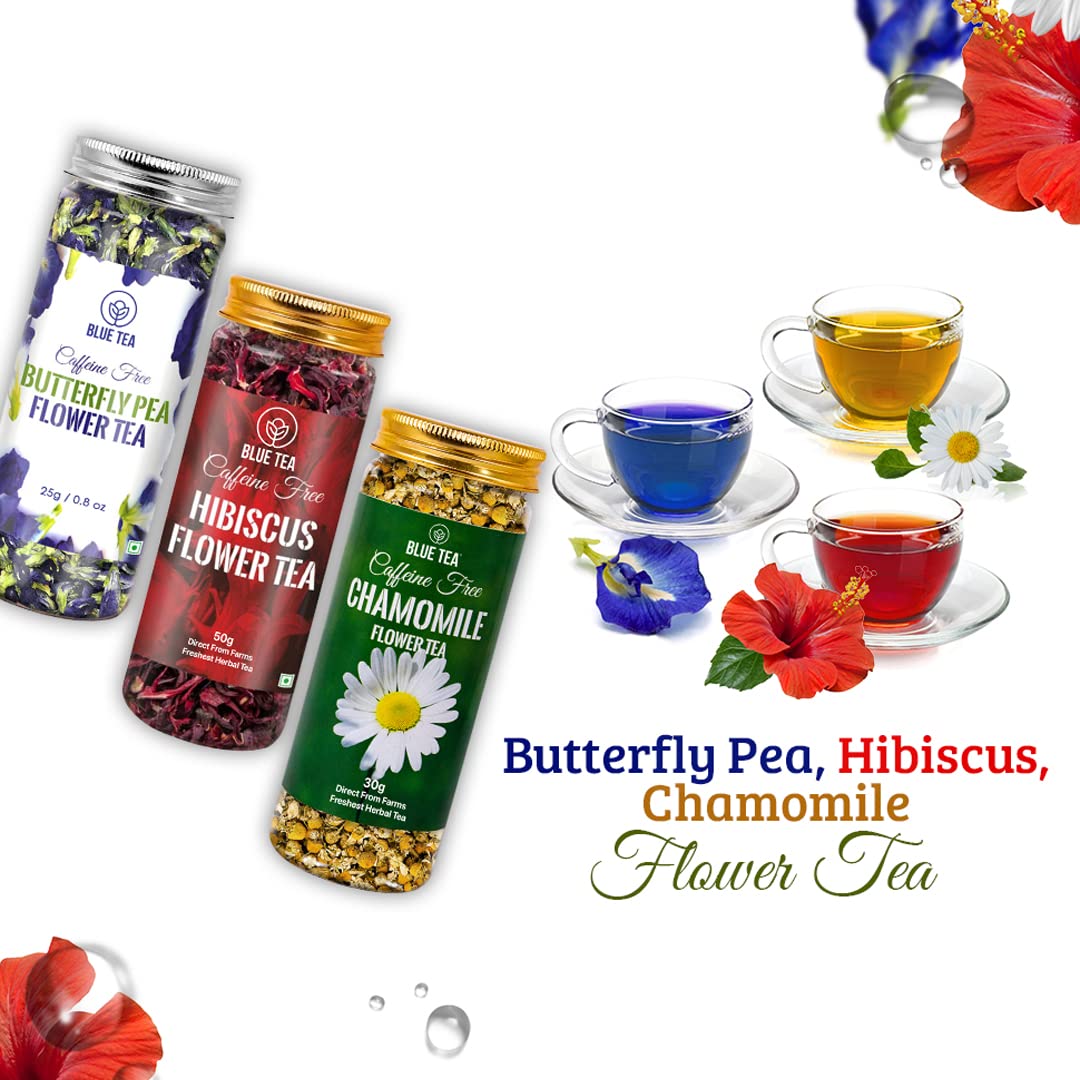 Blue Tea 3 In 1 Combo - Butterfly Pea Flower Tea + Hibiscus Tea+ Chamomile Tea, 105gm, 3.7 Ounce | Herbal Tea For Weight Loss, Skin Glow, Sleep - Non Bitter, Caffeine Free | Reusable Pet