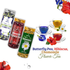 Blue Tea 3 In 1 Combo - Butterfly Pea Flower Tea + Hibiscus Tea+ Chamomile Tea, 105gm, 3.7 Ounce | Herbal Tea For Weight Loss, Skin Glow, Sleep - Non Bitter, Caffeine Free | Reusable Pet