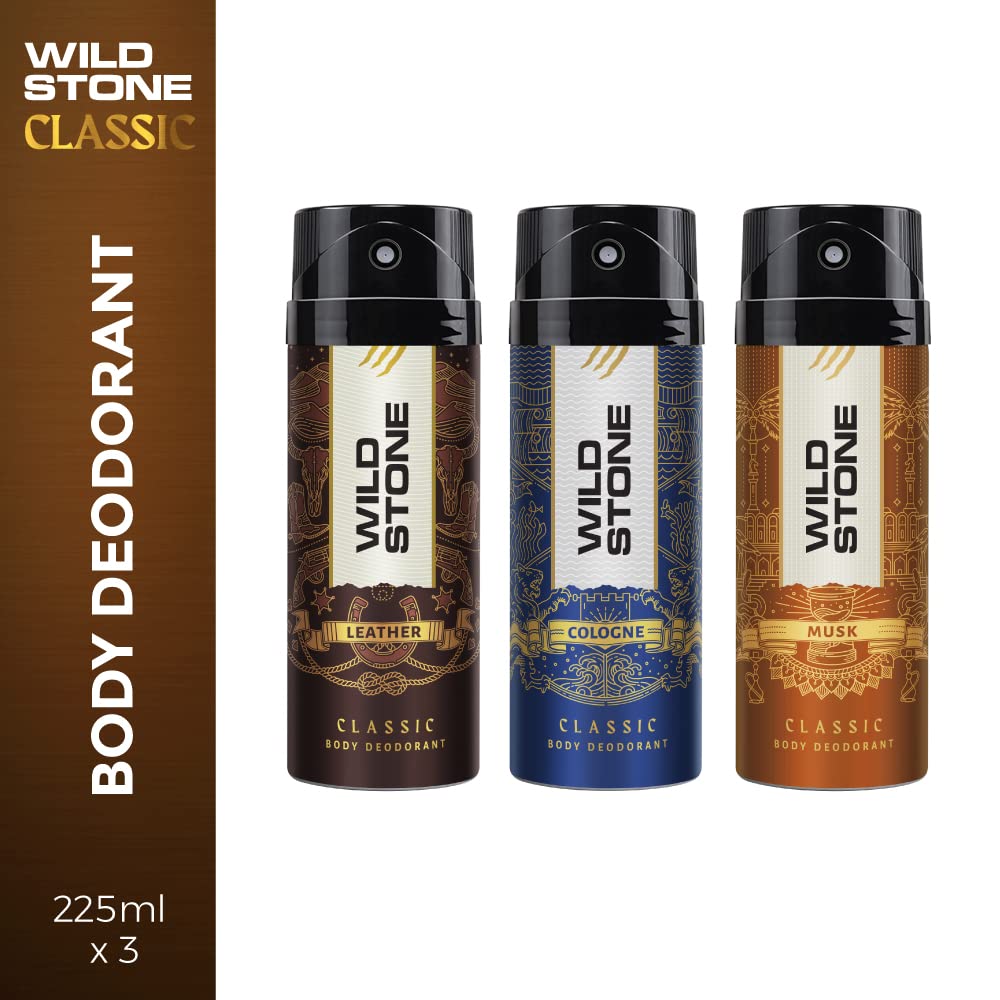 Wild Stone Classic Cologne, Leather & Musk Deodorants For Men Long Lasting Body Spray 675ml 22.8 Fl.oz. | Pack Of 3