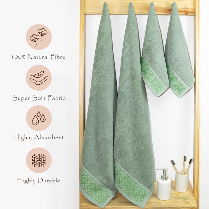 Rangoli 100% Cotton Fibre 2 Hand & 2 Bath Towel 1400 Gsm | Highly Durable & Absorbent Towel | Skin-Friendly & Quick Drying Luxury Towels (Green) - Pack Of 4