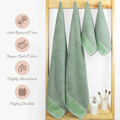 Rangoli 100% Cotton Fibre 2 Hand & 2 Bath Towel 1400 Gsm | Highly Durable & Absorbent Towel | Skin-Friendly & Quick Drying Luxury Towels (Green) - Pack Of 4
