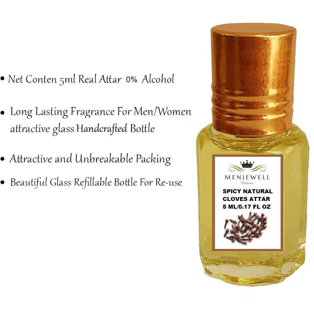 Menjewell Spicy Natural Cloves Attar Perfume 5ml 0.17 Fl.oz. For Men & Women | Alcohol Free | Long Lasting