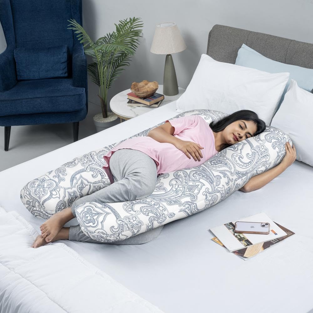 Pregnancy Pillow, J Shaped Pillow, Maternity Pillow For Sleeping - White | 100% Cotton Pillow For Pregnant Mothers With Breathable & No Heat Fabric - Full Body Support For Better Sleep