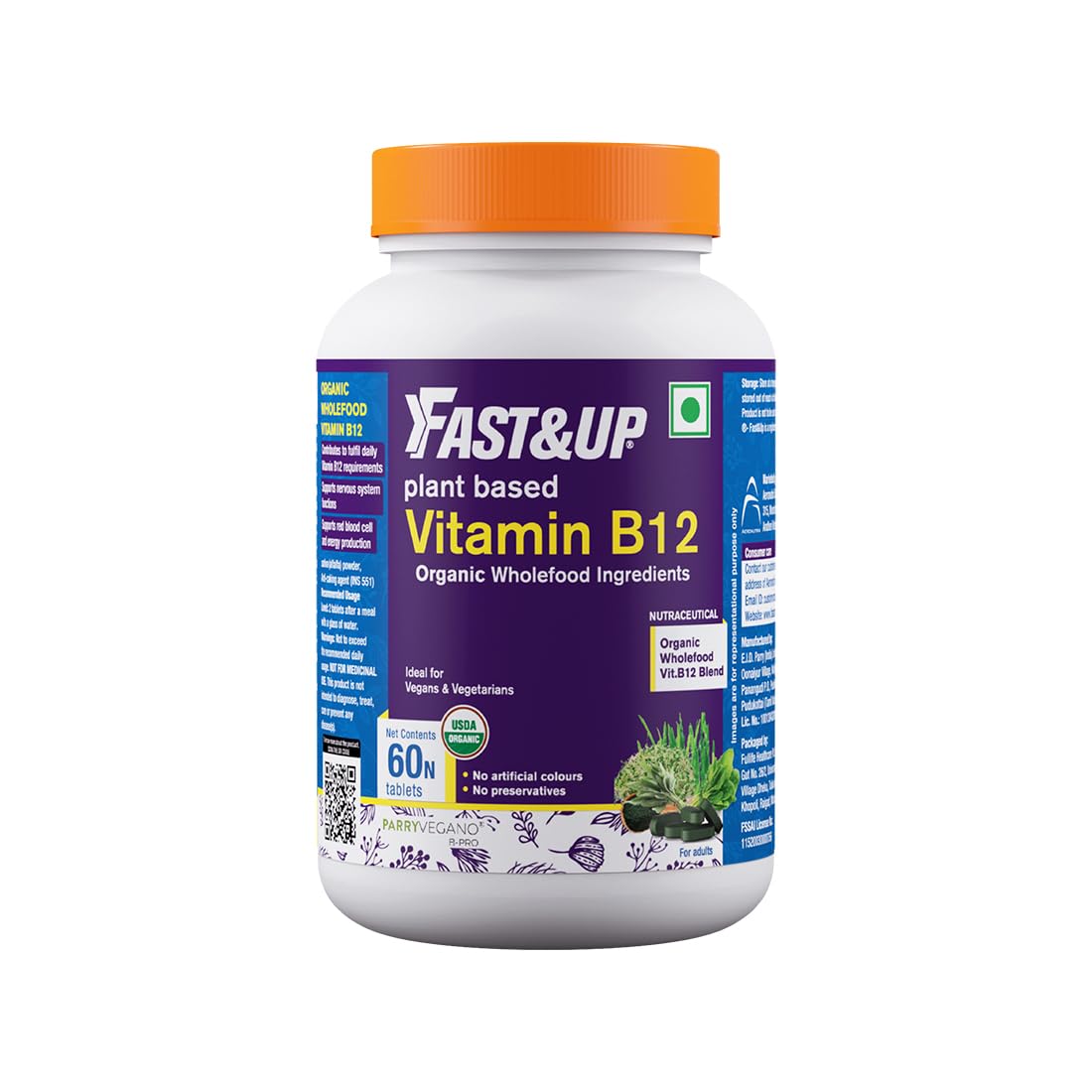 Fast&up Plant Based B12 , With Natural Methylcobalamin, Usda Organic Certified, 100% Natural, Preservative Free, Contributes To Daily Rda Of Vitamin B12 | 60 Tablets , 100gm 0.2lbs