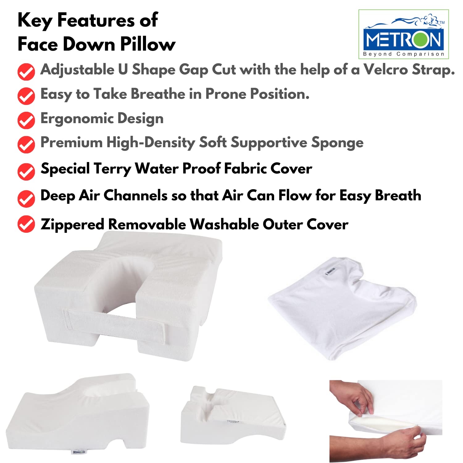 Face Down Pillow For Sleeping, Lying Face Down For Massage Post Surgery, White | Reduce Pressure & Corrects Spine Position | | Flat Side For Men & Cut Designed Side For Women, Washable Pillow
