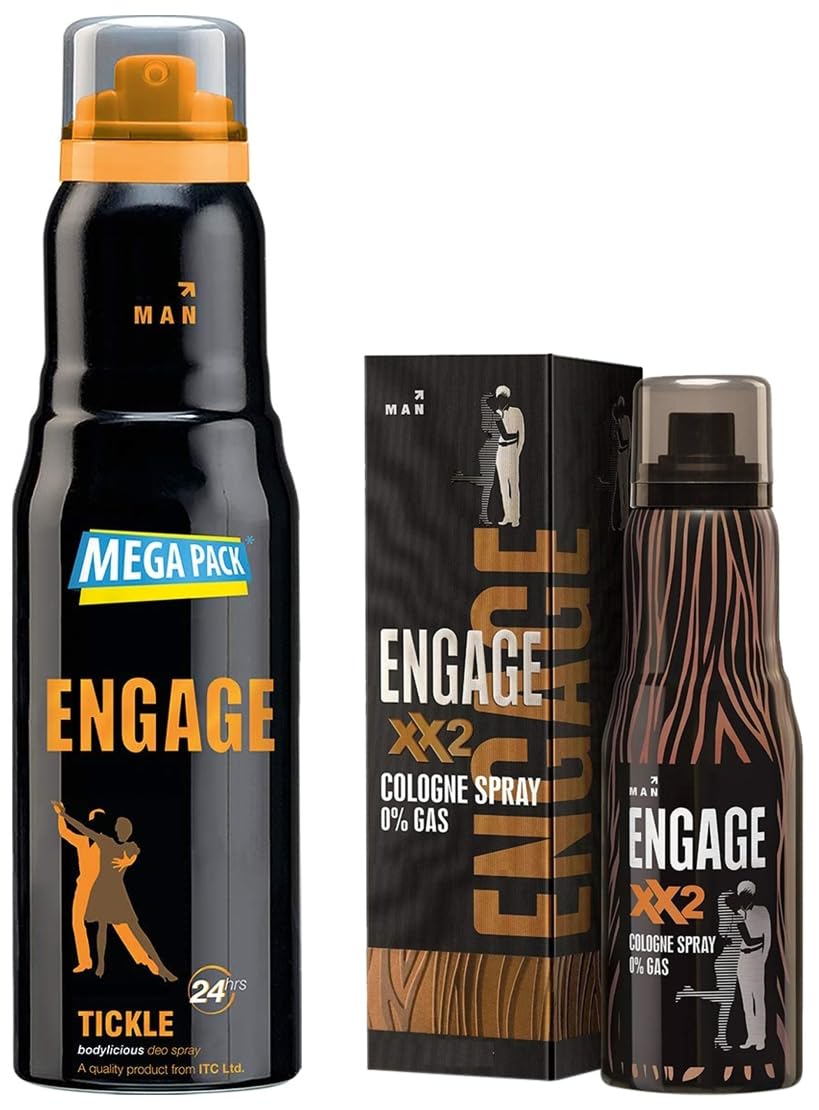 Engage Tickle Deodorant 220ml 7.4 Fl.oz. & XX2 Cologne No Gas Perfume For Men , Spicy & Citrus , Skin Friendly , 135ml 4.5 Fl.oz.