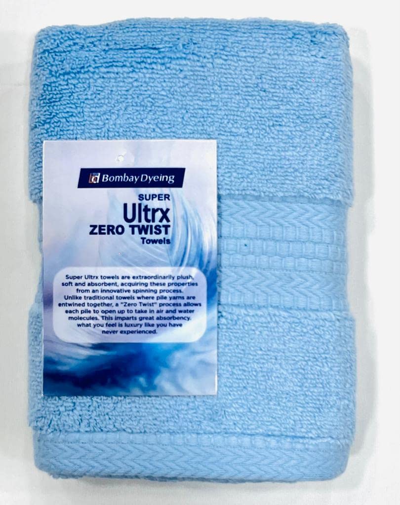 Bombay Dyeing Ultrx Zero Twist Plain Cotton Hand Towel 400 Gsm (Sky Blue) - 2 Piece