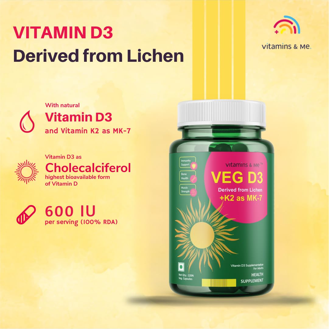 Vitamins & Me Vitamin D3 With K2 As Mk-7 From Lichen, Supports Stronger Immunity & Bone & Heart Health | 120 Vegetable Capsules , 200gm 0.4lbs