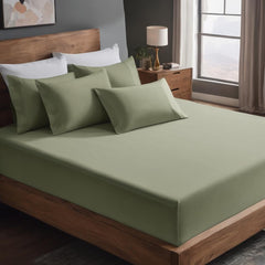 Cotton Bedsheet For 2 Single Elastic Fitted With 4 Matching Pillow Cover - 72 X 30 Inches, Sage Green | Durable & Long Lasting | Wrinkle Resistant, Soft & Smooth