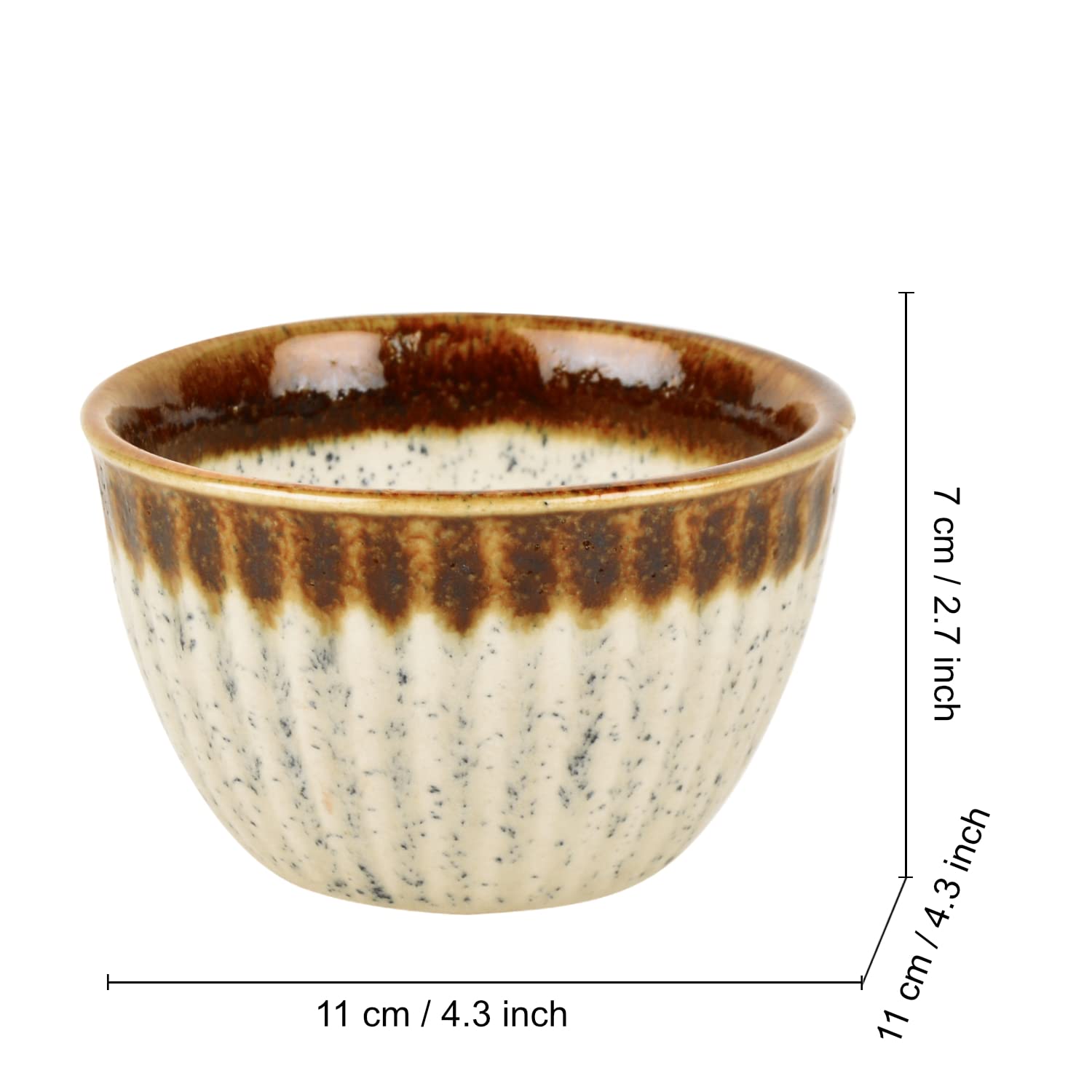 Studio Pottery Ribbed Ceramic Dining Bowls Set Of 4 - 350ml Each, Off White & Brown | Vegetable & Dessert Serving Bowls - Ceramic Katoris