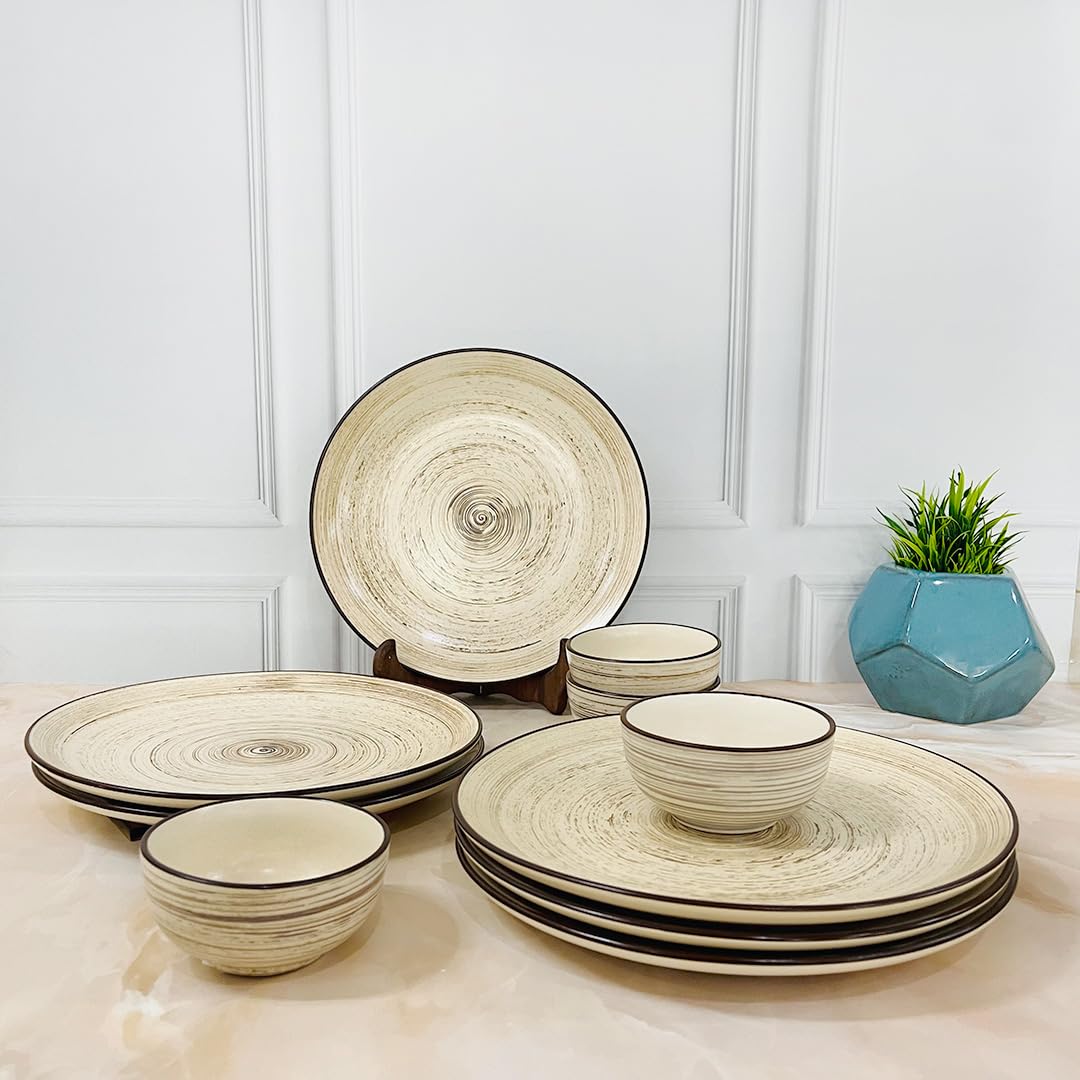 Iris Beige Handcrafted Ceramic Dinner Set - 8 Pieces | 4 Dinner Plates + 4 Katori Bowls, 180ml Each Dinnerware Set | Serving For 4, Microwave Safe & Dishwasher Safe