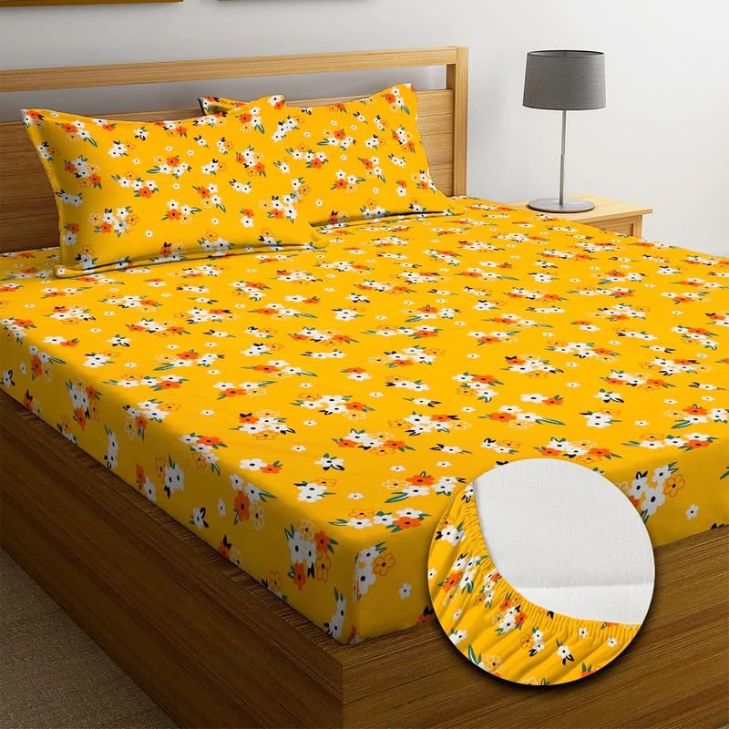 Premium Cotton Elastic Fitted Bedsheets With 2 King Size Pillow Covers - 72 X 78 + 10 Inches, Yellow & Red | Super Soft Brushed Glace | Breathable & Wrinkle Free