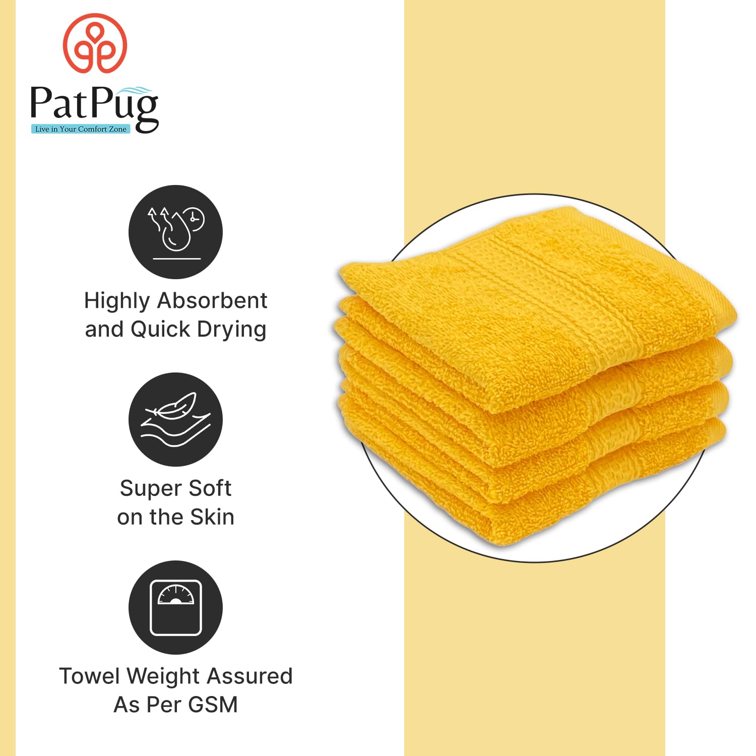 Patpug 100% Indian Ultra Soft Cotton Face Towel 500 Gsm | Napkin, Baby Face Towel, For Facewash, Gym, Travel, Hanky (Sunrise Yellow) | Pack Of 4