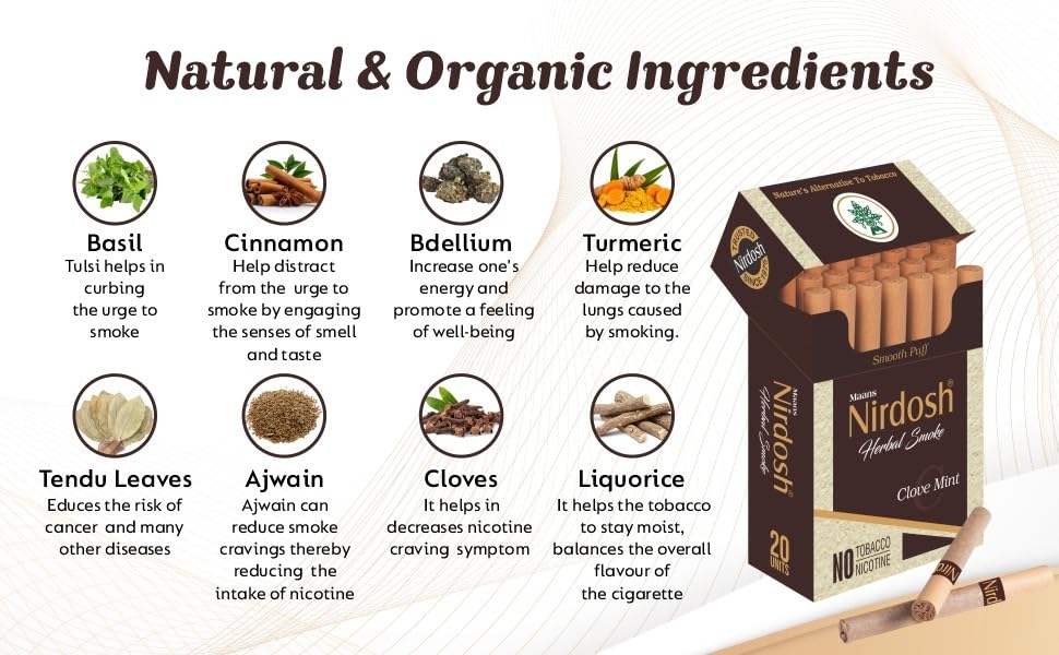 Herbal Cigarette Rolled In 100% Organic Natural Paper & Made With Herbal Ingredients - Pack Of 2X 20 Cigarettes | Clove Mint Flavored Tobacco Free & Nicotine Free Herbal Smoke