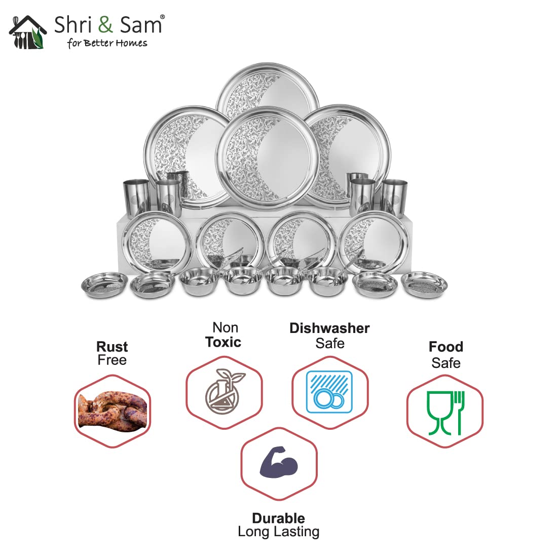 Designer Stainless Steel Floral Shagun Laser Bloom Dinner Set Of 24 Pieces, Silver | 4 Dinner Plate+ 4 Side Plate+ 4 Glass+ 4 Bidding Bowl+ 4 Pudding Bowl+ 4 Dinner Spoon