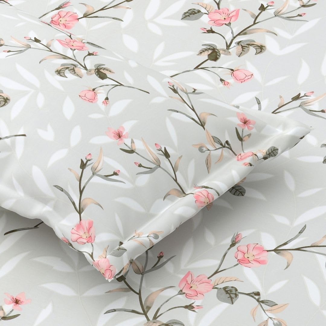 Queen Size Pure Cotton Bedsheet With 2 Pillow Covers | 90 × 100 Inches, Grey & Pink | Soft Breathable Floral Design Bedding | Comfortable Sleep All Year