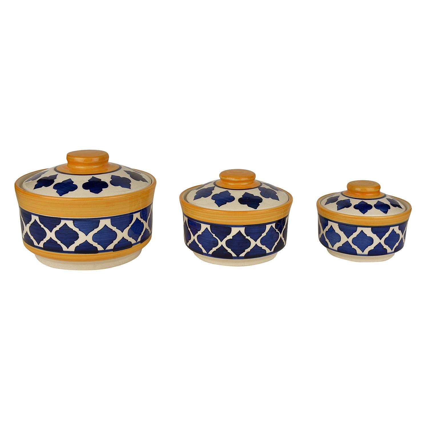 Hand Painted Ceramic Serving Donga With Lid Casserole Set Of 3 - 900ml, 500ml & 300ml, Blue & Yellow | Dinner Serving Set - Stackable Kitchen Bowl Set