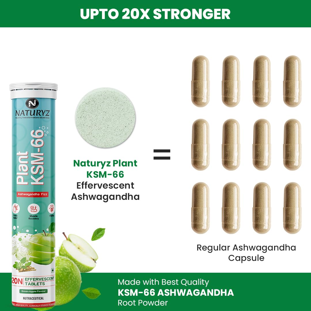 Naturyz Highest Strength 100% Plant Extracted Ksm - 66 Ashwagandha 600mg, Vitamin D3, Muscle Recovery, Energy, Relieve Stress | 20 Effervescent Tablets Green Apple 50gm 0.1lbs