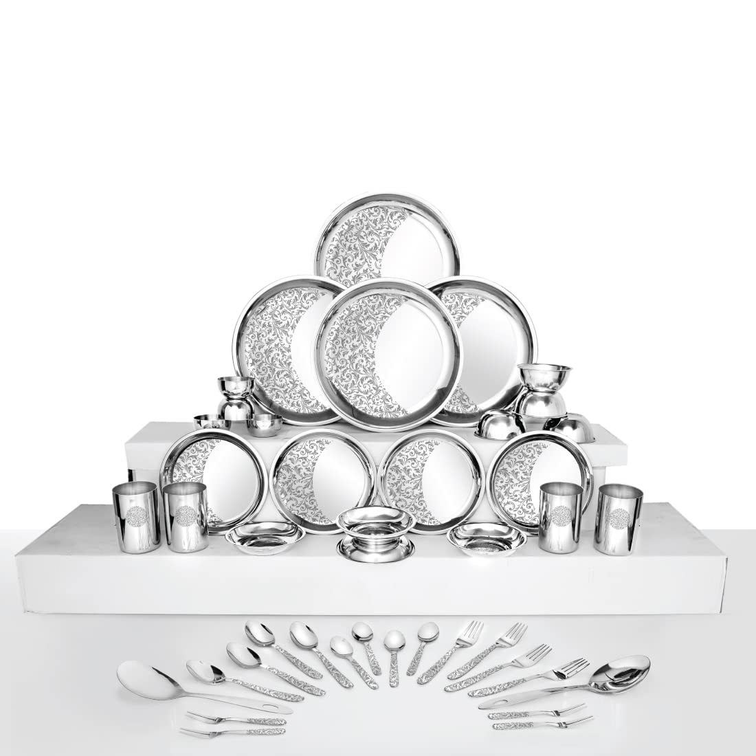 Stainless Steel Delight Dinner Set Of 42 Pieces, Silver | 4 Dinner Plates+ 4 Side Plates+ 4 Glasses+ 12 Bowls+ 1 Basting Spoon+ 1 Rice Spoon+ 4 Dessert Spoons+ 8 Fork+ 4 Tea Spoons