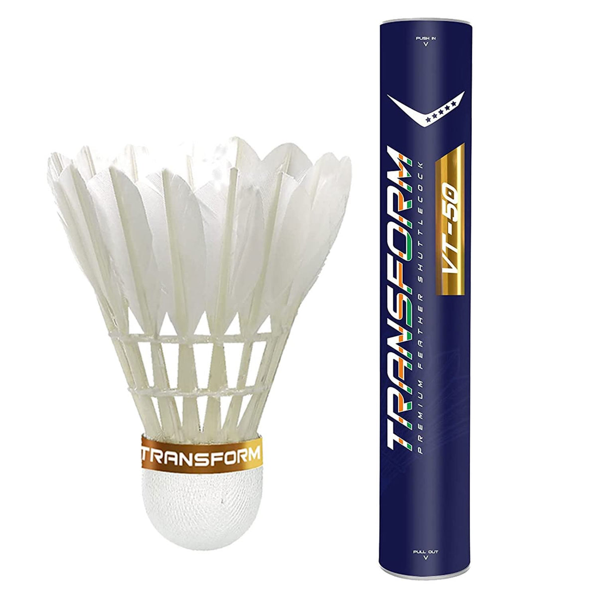 Transform VT- 50 Feather Shuttlecock with Heavy Cork Stable and Durable , Badminton Birdies for Indoor & Outdoor , Speed 78 | White - Pack Of 1