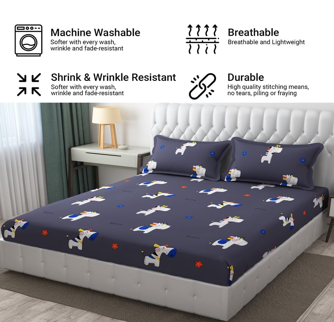 Wrinkle Free Soft Kids Double Bedsheets For King Size With 2 Pillow Cover | 90 X 95 Inches, Grey | Cartoon Printed Design | Child Bedroom Decor
