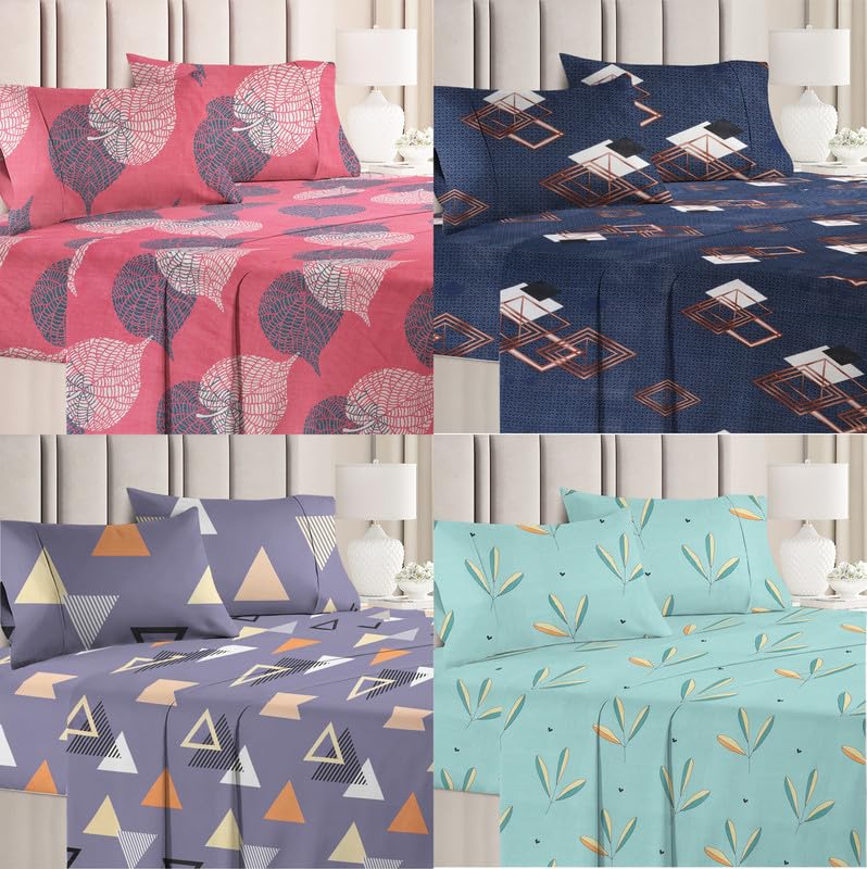 4 Double Bedsheets With 8 Pillow Covers - 90 X 90 Inches, Multicolor | 144 Thread Count Soft Brushed Microfiber - Long Lasting & Wrinkle Free