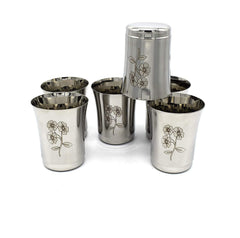 Silver Stainless Steel Water Glasses Set Of 6 - 350ml Each | Tableware Juice Glasses - Floral Design, Drinkware Glasses Set