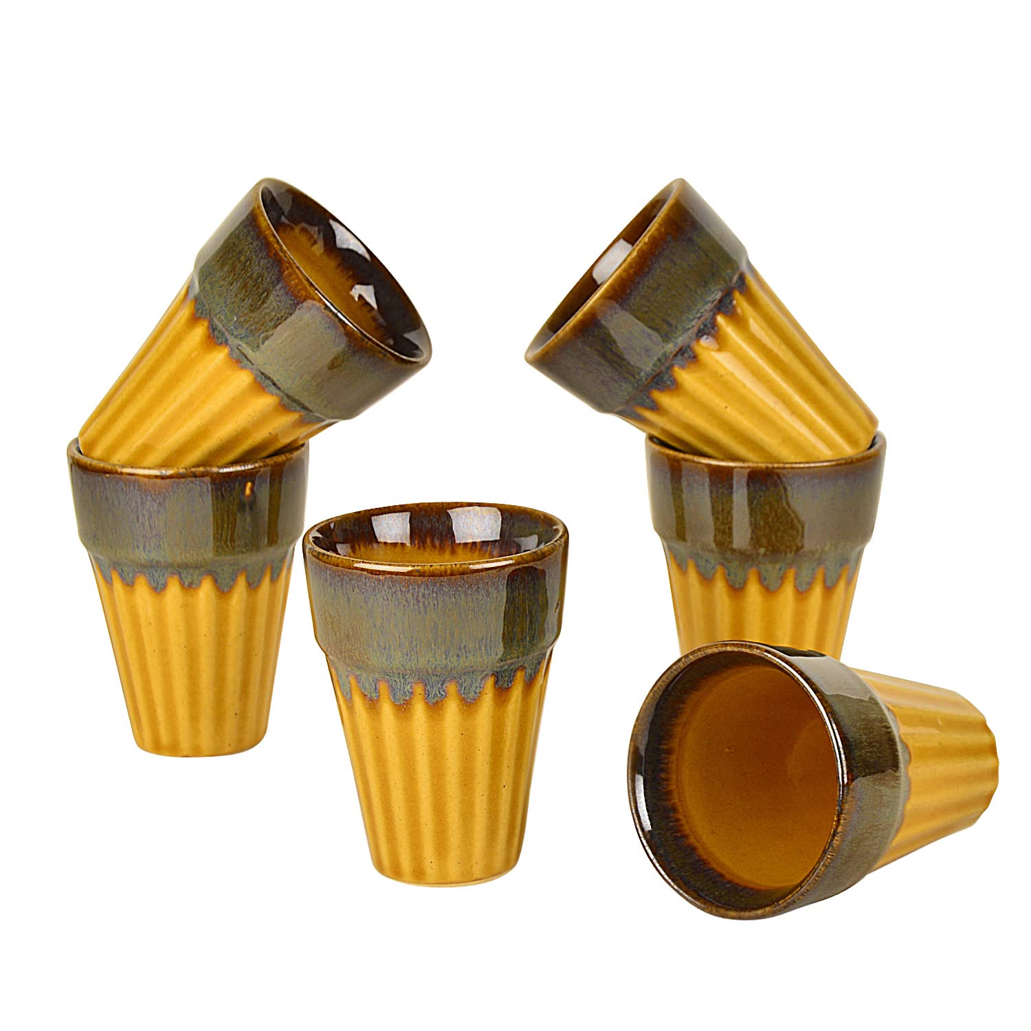 Studio Pottery Glazed Dual Tone Ceramic Tea Glasses Set Of 6 - Golden & Brown, 150ml Each | Cutting Chai Glasses