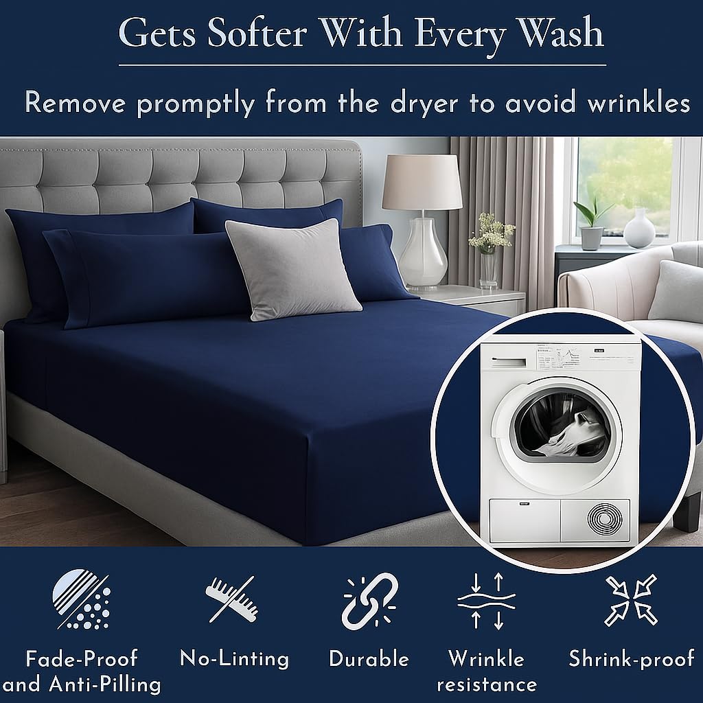 King Size Flat Sheet With 2 Pillow Covers - 108 X 108 Inches, Navy Blue | Soft, Breathable & Skin-Friendly Bedding For Daily Use | Machine Washable & Long-Lasting