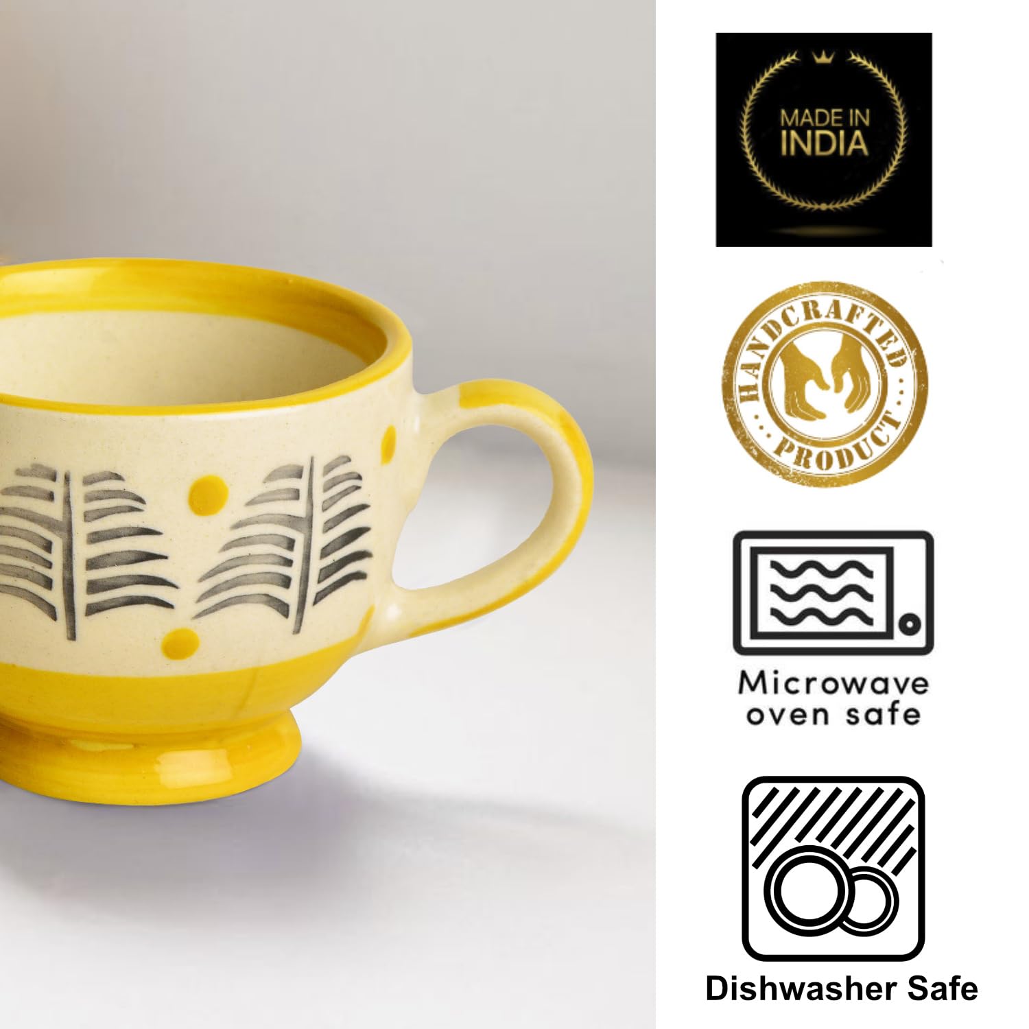 Hand Painted Ceramic Cup - Yellow & Black, 150ml | Microwave Safe Tea Cups & Mugs - Chai Cups