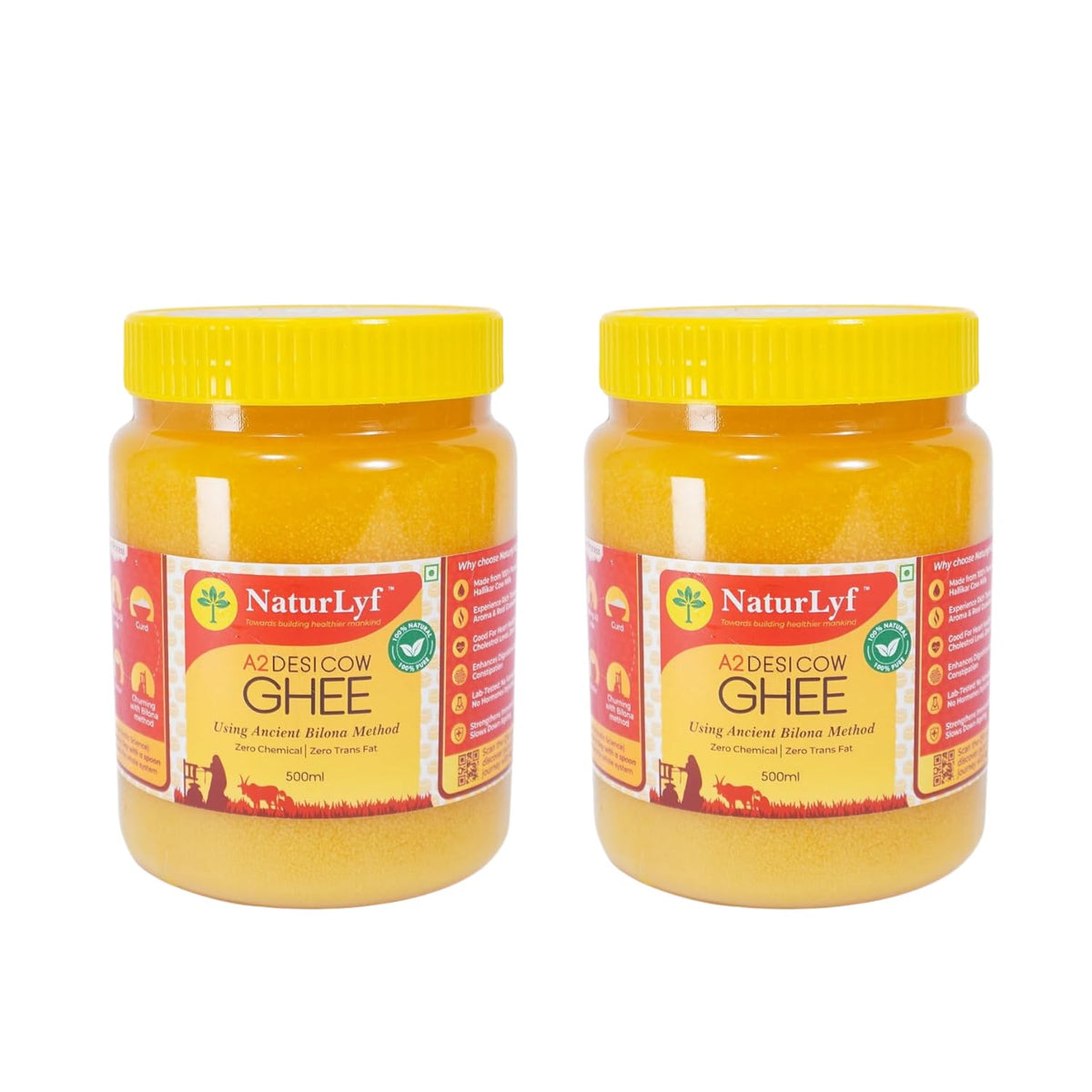 Organic A2 Desi Cow Ghee By Naturlyf | Churning With Bilona Method Indian Breed Cow Milk Desi Ghee For Heart Health | 1 Litre (500ml * 2) 33.8 Ounce | Jar Pack
