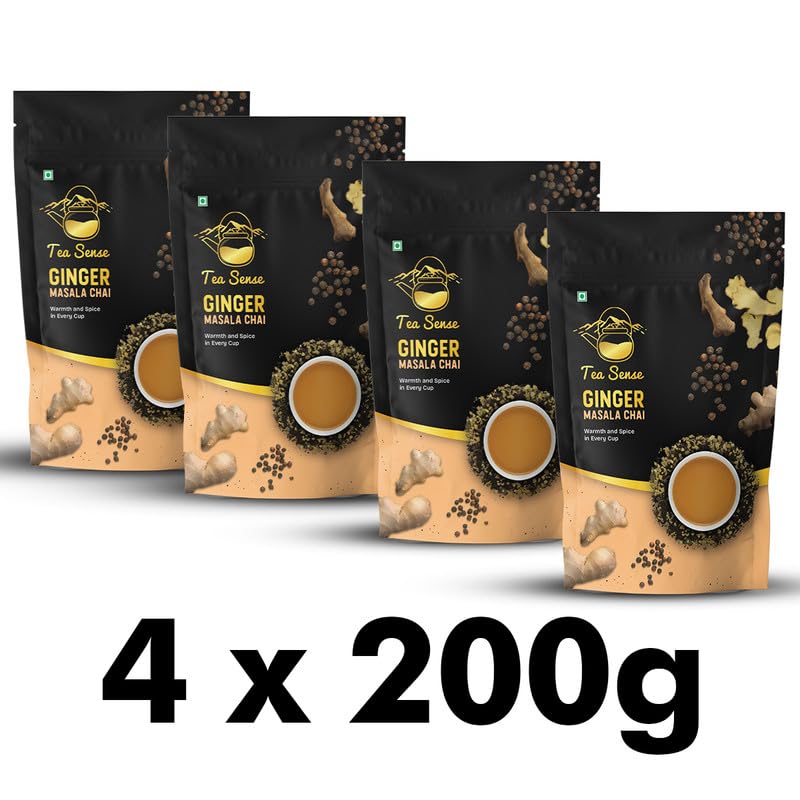 Tea Sense Ginger Masala Chai - Pack Of 4 X 200gm, 7.05 Ounce Each | Assam CTC, Dried Ginger, Black Pepper - Aromatic & Strong Flavor Chai Patti, High Caffeine | Spicy & Healthy Blend