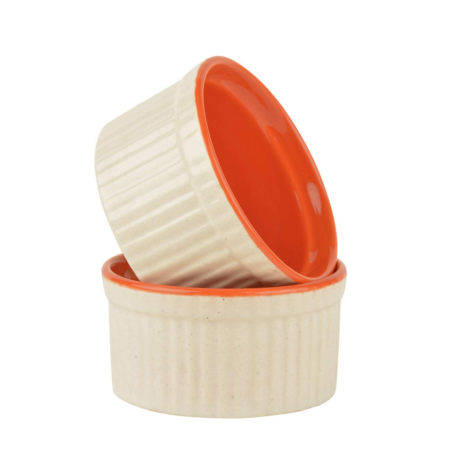 Studio Pottery Ceramic Dessert Dip Bowls Set Of 2 - 150ml Each, White & Orange | Chutney Bowls - Ketchup Bowls