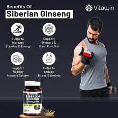 Vitawin Siberian Ginseng For Improve Immunity & Boost Energy, Stamina & Strength, Natural Herbal, 500mg, Nutrition Supplement | 60 Veg Capsules 100gm 0.2lbs