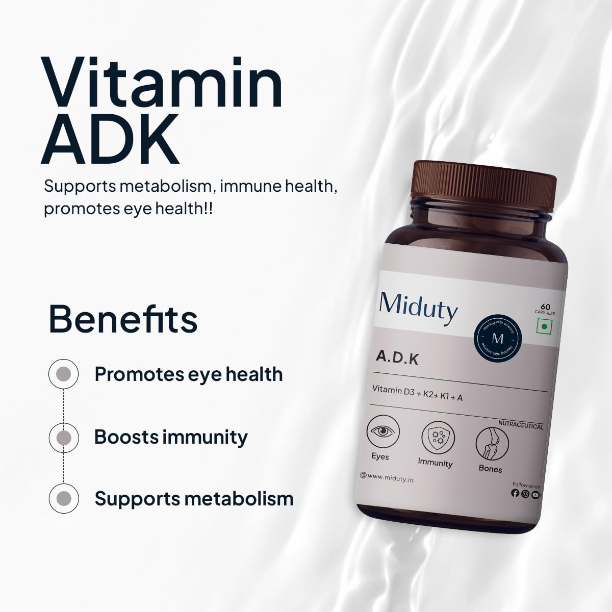 Miduty Vitamin Adk Multivitamin Contains Vitamin A - D3 - K2 Immunity Booster, Bone Strength, Healthy Heart , Supplement For Men & Women | 60 Capsules, 100gm 0.2lbs