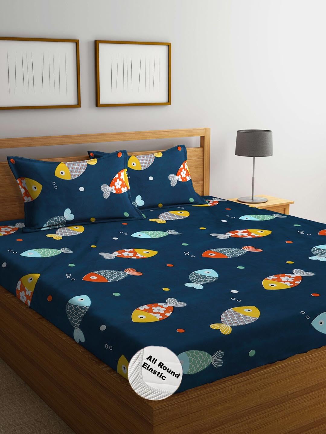 Cartoon Printed Double Bedsheet For Kids With 2 Pillow Cover - 72 X 78 X 10 Inches, Navy Blue | Cotton Feel All Around Elastic Fitted King Size Double Bed