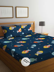 Cartoon Printed Double Bedsheet For Kids With 2 Pillow Cover - 72 X 78 X 10 Inches, Navy Blue | Cotton Feel All Around Elastic Fitted King Size Double Bed