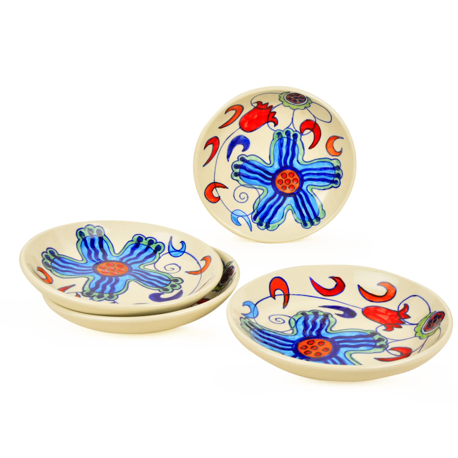 Hand Painted Ceramic Floral Round Pasta Serving Plates Set Of 4 - 8.5 Inches, Off White & Multicolor | Soup Plates - Ceramic Maggi Plates