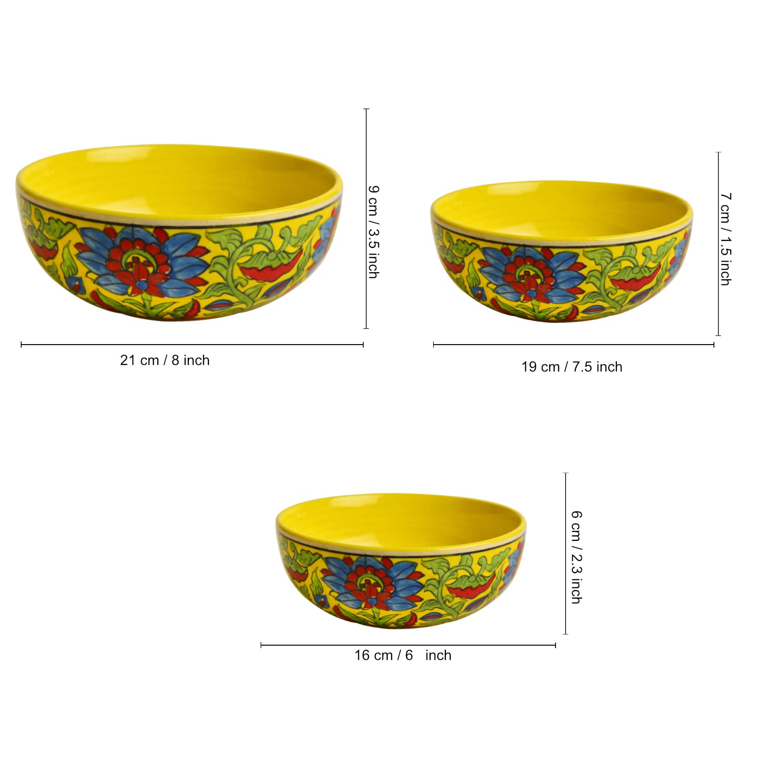 Hand Painted Ceramic Dinner Big Serving Bowls Set Of 3 - Yellow & Multicolor, 1200ml, 1000ml & 800ml | Stackable Kitchen Bowls Set - Mixing Bowls Set