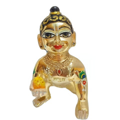 Beautiful Brass Hand Painted Laddu Gopal Ji, Metal, Idol - Size No.7, Made In Vrindavan, Baby Krishna, Kanhaiya, Gold Color, Lord Krishna Idol
