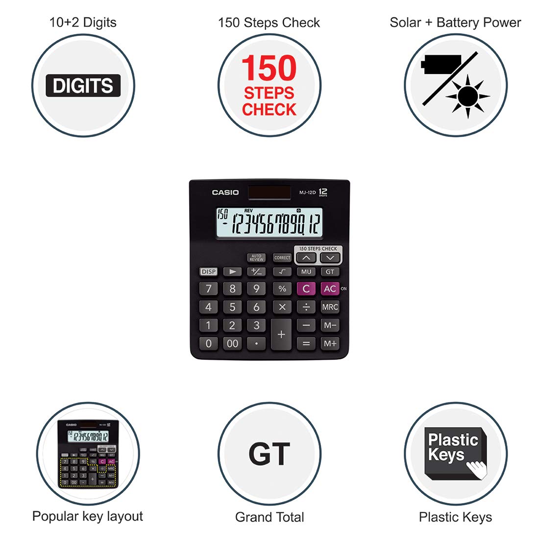 Casio MJ-12D 150 Steps Check & Correct Desktop Calculator & Casio HL820LV-BK Portable Calculator With Flap Cover