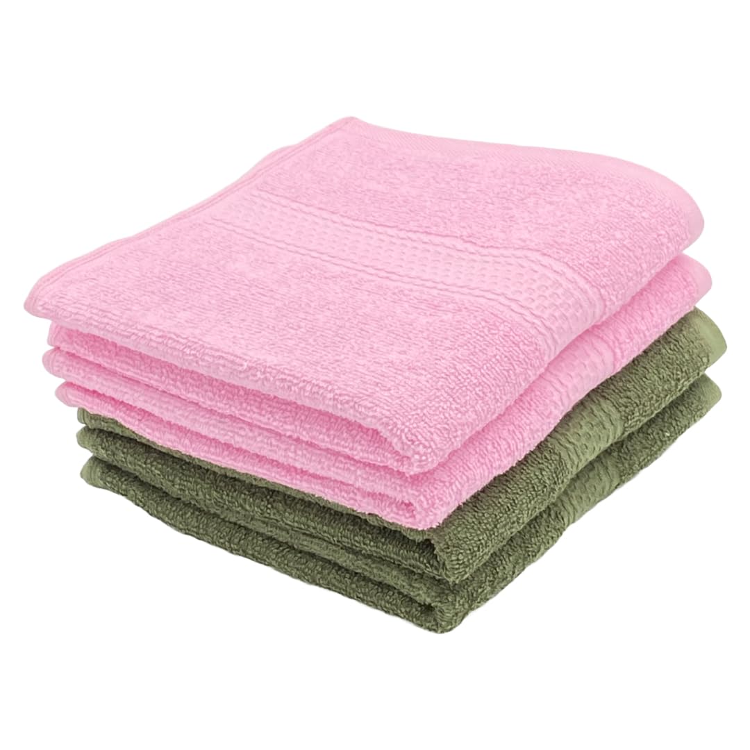 Patpug 100% Indian Ultra Soft Cotton Hand Towel 600 Gsm | For Gym, Workout, Yoga, Wash Basin (Sweet Pink & Olive Green) - 4 Piece