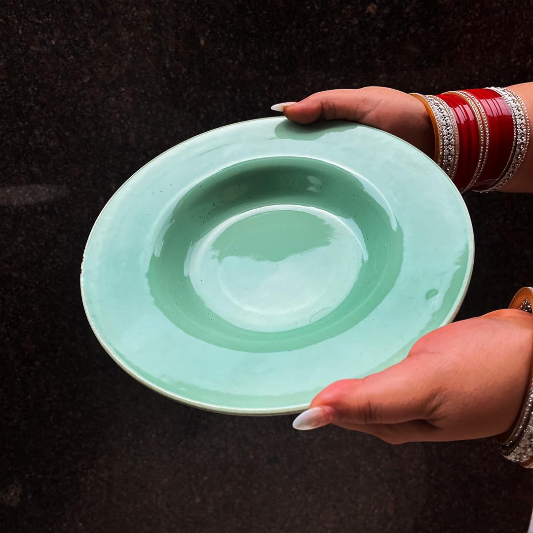 Ocean Green Ceramic Pasta Plates - 2 Pieces | Handcrafted Multi Purpose Ceramic Deep Plates, Snack Plates, Starter Plates - 9 Inch, Microwave Safe & Dishwasher Safe