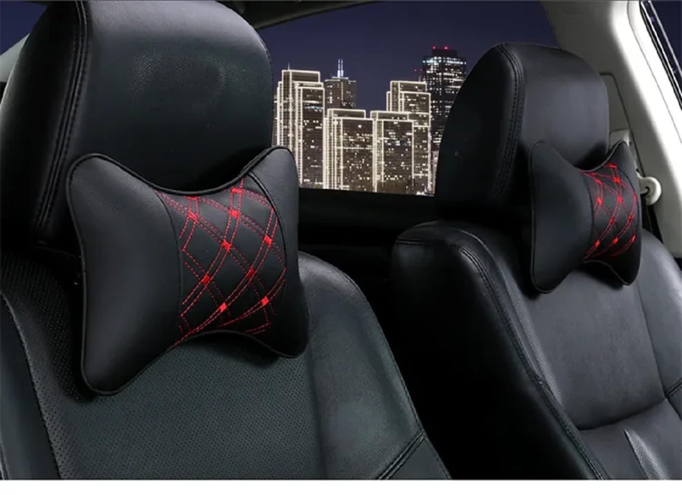 Faux Leather Car Neck Rest Pillow, Pillow Compatible With All Cars - Black & Red | Neck & Head While Driving Pillow For Neck Pain Relief | Light Weight, Adjustable - Pack Of 2